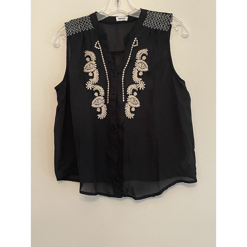 Women Teenbell Med Black Shear Sleeveless Blouse White Embroidered lightweight
